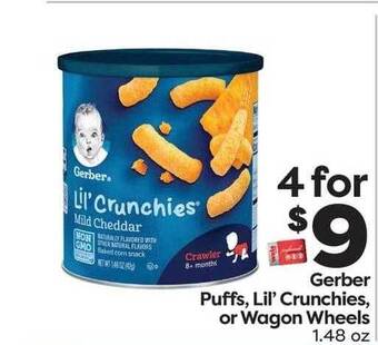 Weis Markets Gerber Puffs, Lil' Crunchies, Or Wagon Wheels offer