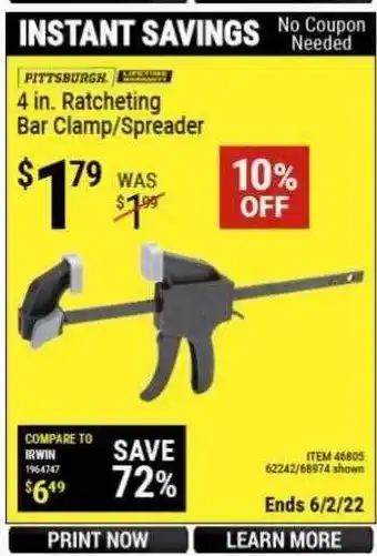 Harbor Freight Tools Pittsburgh. 4 In. Ratcheting Bar Clamp-spreader offer