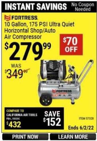 Harbor Freight Tools Fortress 10 Gallon, 175 Psi Ultra Quiet Horizontal Shop-auto Air Compressor offer
