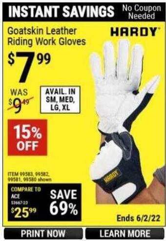 Harbor Freight Tools Hardy Goatskin Leather Riding Work Gloves offer