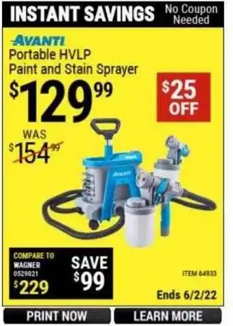 Harbor Freight Tools Avanti Portable Hvlp Paint And Stain Sprayer offer