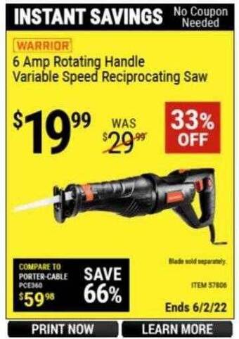 Harbor Freight Tools Warrior 6 Amp Rotating Handle Variable Speed Reciprocating Saw offer