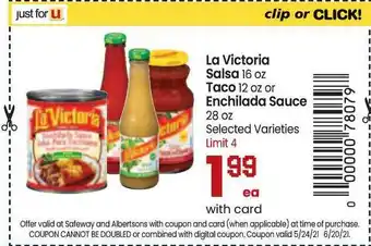 Safeway La Victoria Salsa , Taco Or Enchilada Sauce offer