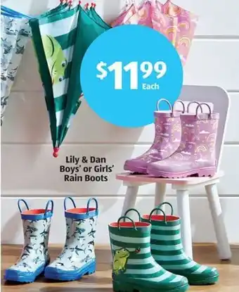 Aldi Lily & Dan Boy's or Girl's Rain Boots offer