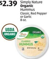 Aldi Simply Nature Organic Hummus Classic, Red Pepper or Garlic 8 oz. offer