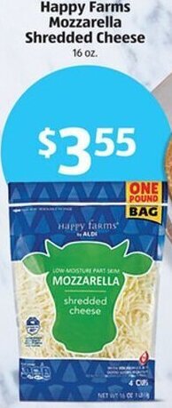 Aldi Happy Farms Mozzarella Shredded Cheese 16 oz. offer