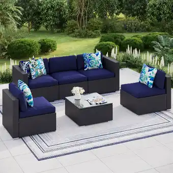 Walmart MF Studio 6 Piece Patio Sofa Set Outdoor Furniture Sectional All-Weather Wicker Rattan Sofa Navy Blue offer