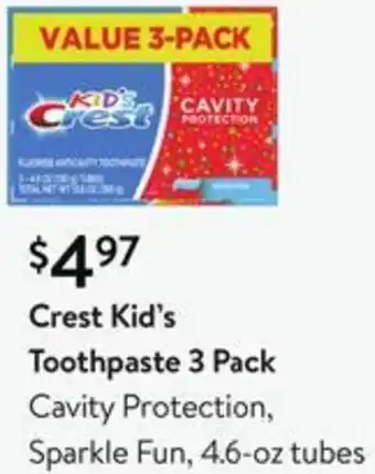 Walmart Crest Kid's Toothpaste 3 Pack offer