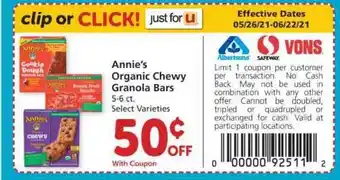 Albertsons Annie's Organic Chewy Granola Bars offer