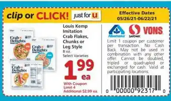 Albertsons Louis Kemp Imitation Crab Flakes, Chunks Or Leg Style offer
