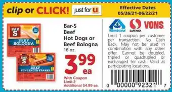 Albertsons Bar-S Beef Hot Dogs Or Beef Bologna offer