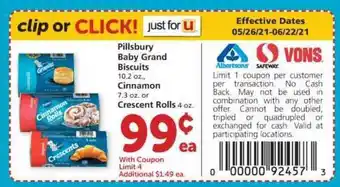 Albertsons Pillsbury Baby Grand Biscuits , Cinnamon Or Crescent Rolls offer