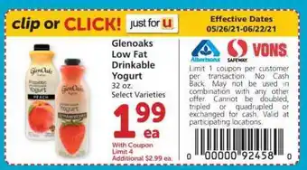 Albertsons Glenoaks Low Fat Drinkable Yogurt offer