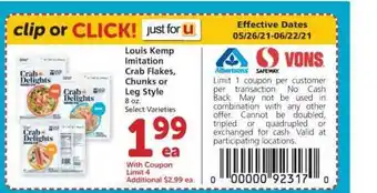 Safeway Louis Kemp Imitation Crab Flakes Chunks Or Leg Style offer