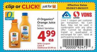 Safeway O Organics Orange Juice offer