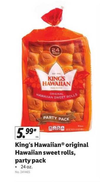 Lidl King's Hawaiian Original Hawaiian Sweet Rolls, Party Pack offer