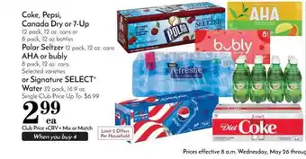 Pavilions Coke, Pepsi, Canada Dry Or 7-up, Polar Seltzer, Aha Or Bubly Or Signature Select Water offer