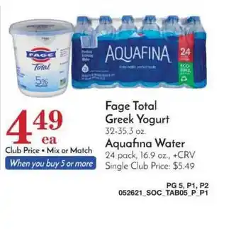 Pavilions Fage Total Greek Yogurt, Aquafina Water offer