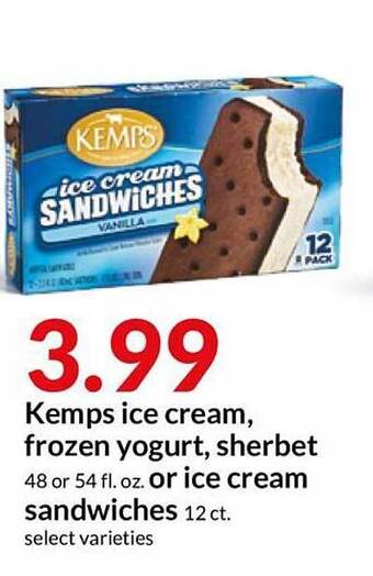 Hy-Vee Kemps Ice Cream, Frozen Yogurt, Sherbet Or Ice Cream Sandwiches offer