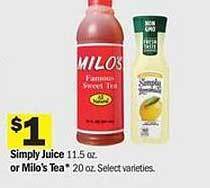 Meijer Simply Juice Or Milo's Tea offer