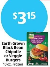 Aldi Earth Grown Black Bean Chipotle or Veggie Burgers 10 oz. offer