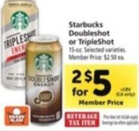 Safeway Starbucks Doubleshot or TripleShot 15 oz. offer
