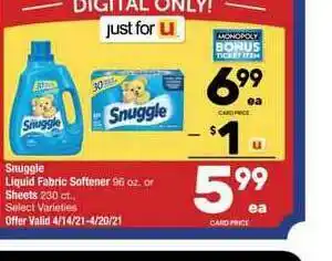 Albertsons Snuggle Liquid Fabric Softener Or Sheets offer