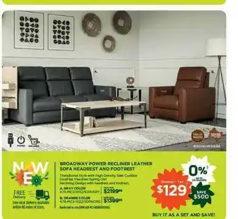 Broadway Power Recliner Leather Sofa Headrest And Footrest