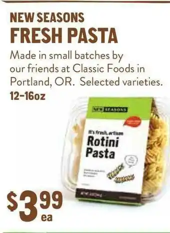 New Seasons Market Fresh Pasta offer