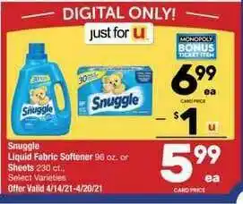 Randalls Snuggle Liquid Fabric Softener Or Sheets offer