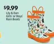 Aldi Lily & Dan Girls' Or Boys' Rain Boots offer