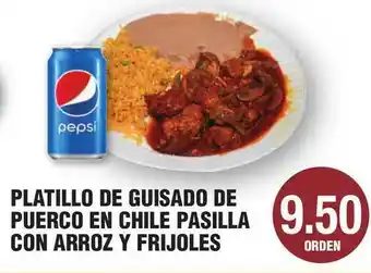 Platillo De Guisado De Puerco En Chile Pasilla Con Arroz Y Frijoles