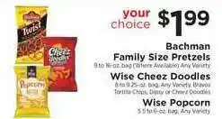 ShopRite Bachman Family Size Pretzels , Wise Cheez Doodles , Wise Popcorn offer