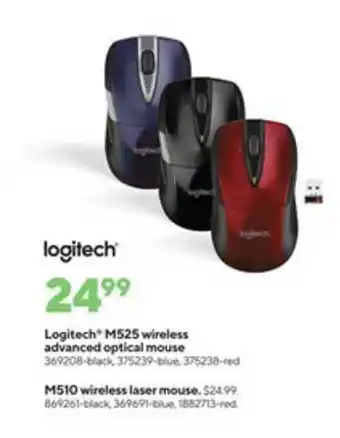 Staples Logitech M525 Wireless Advanced Optical Mouse , M510 Wireless Laser Mouse offer