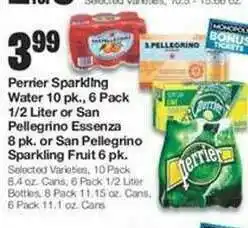 United Supermarkets Perrier Sparkling Water 10pk, 6Pack 1-2 Liter Or San Pellegrino Essenza 8pk, Or San Pellegrino Sparkling Fruit 6pk offer