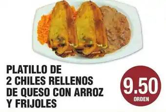 Carnicerias Jimenez Platillo De 2 Chiles Rellenos De Queso Con Arroz Y Frijoles offer