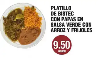 Platillo De Bistec Con Papas En Salsa Verde Con Arroz Y Frijoles