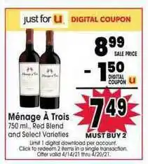 Jewel-Osco Menage A Trois 750ml Red Blend offer