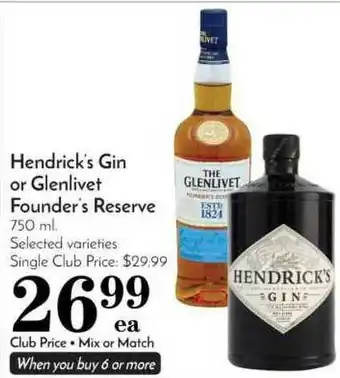 Pavilions Hendrick's Gin Or Glenlivet Founder's Reserve offer