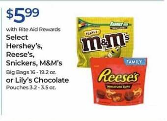 Rite Aid Select Hershey's, Reese's, Snickers, M&M's Or Lily's Chocolate offer