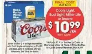 Ralphs Coors Light, Bud Light, Miller Life Or Tecate offer