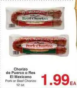 Arteagas Food Center Chorizo De Puerco O Res El Mexicano offer