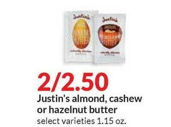 Hy-Vee Justin's Almond , Cashew Or Hazelnut Butter offer