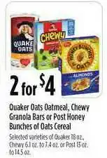Nob Hill Quaker Oats Oatmeal , Chewy Granola Bars Or Post Honey Bunches Of Oats Cereal offer
