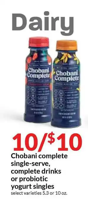 Hy-Vee Chobani Complete Single-serve, Complete Drinks Or Probiotic Yogurt Singles offer