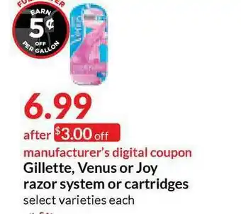 Hy-Vee Gillette, Venus Or Joy Razor System Or Cartridges offer