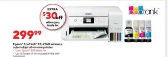 Staples Epson Ecotank Et-2760 Wireless Color Inkjet All-in-one Printer offer