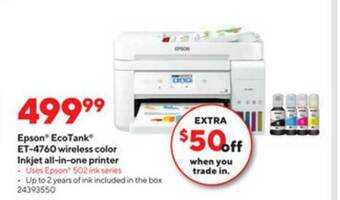Staples Epson Ecotank Et-4760 Wireless Color Inkjet All-in-one Printer offer