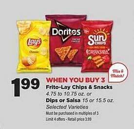 Stater Bros Fritolay Chips & Snacks Or Dips Or Salsa offer