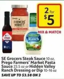 Harveys Supermarkets SE Grocers Steak Sauce 10 oz, Prego Farmer's Market Pasta Sauce offer
